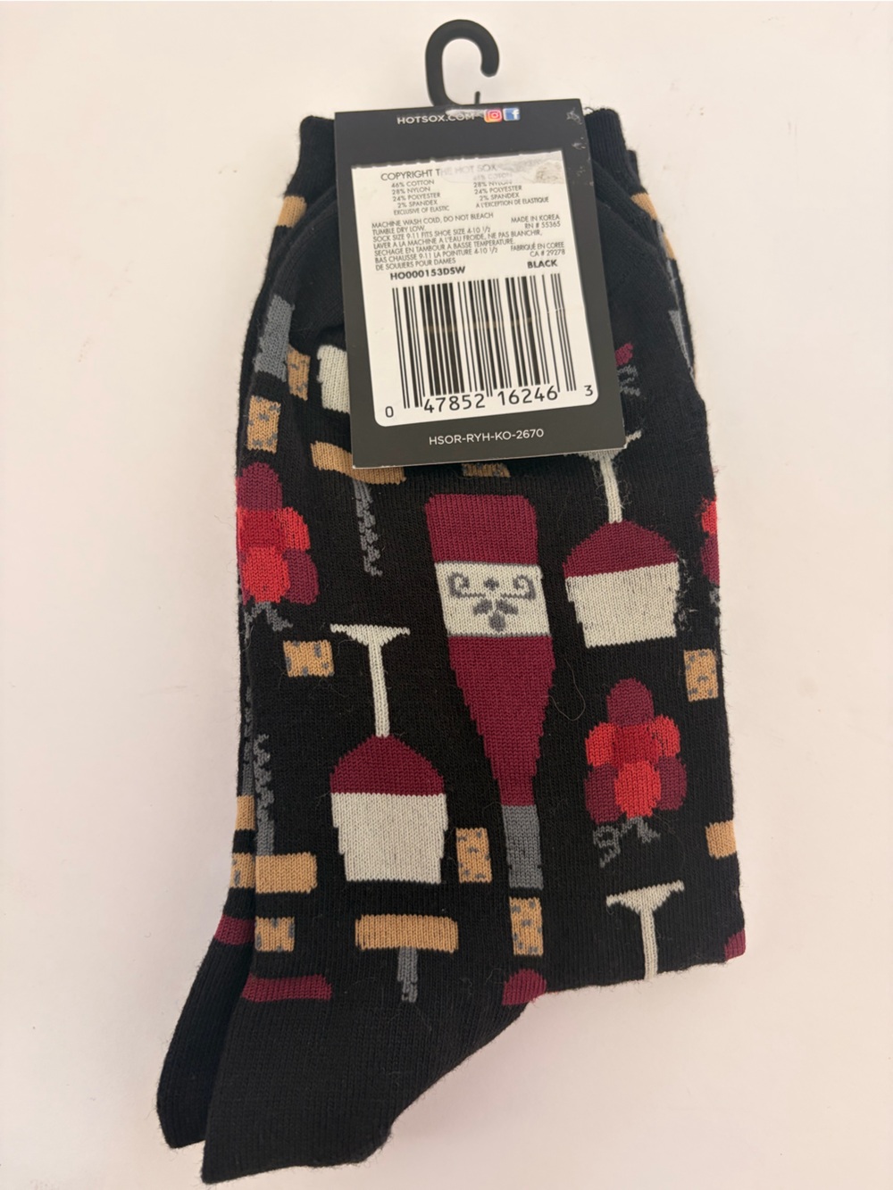 Wine Bottle & Glass Pattern Crew Socks - Black, Burgundy, Red